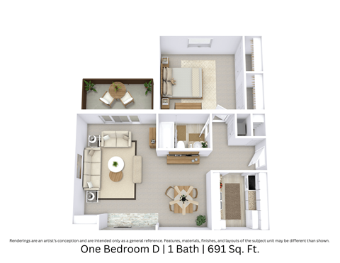 Floor plan for 1 bed, 1 bath, 691 sqft